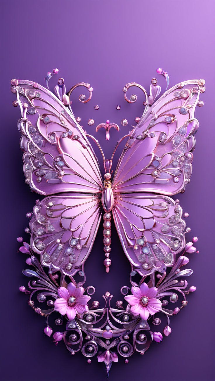 in elegant pink typography with a metallic butterfly and flowers with crown on top with a beautiful diamond, small metallic pink and lavender hearts on the sides.   In purple background spring, vibrant, typography, 3d render, photo, illustration