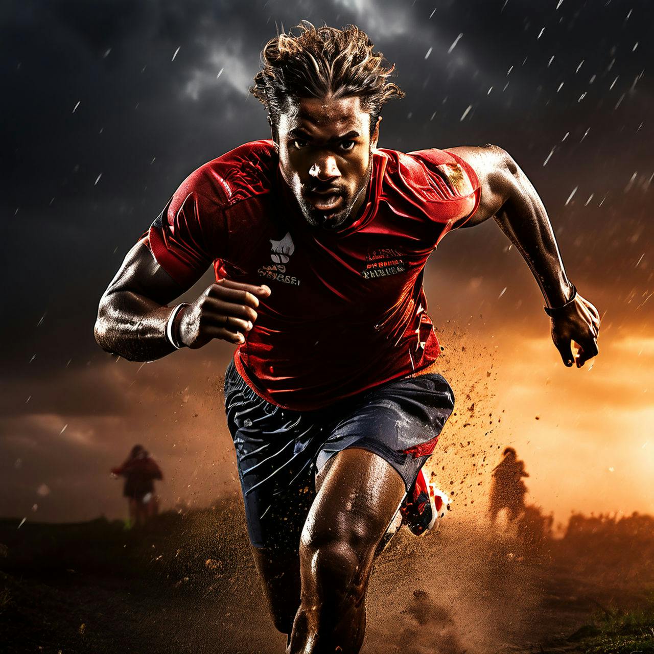 Athlete Sprinting on a Rainy Day with Dramatic Lighting
