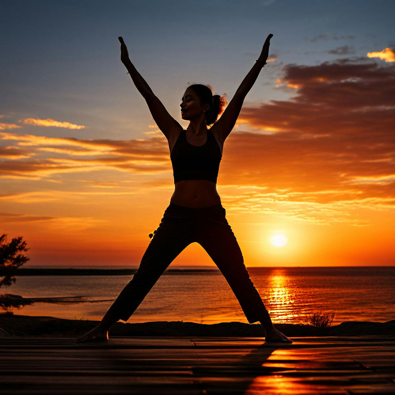 Dynamic Yoga Poses Against a Sunset Backdrop