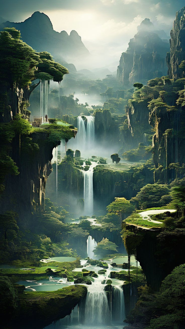 Ethereal Landscapes with Floating Islands and Mystical Waterfalls