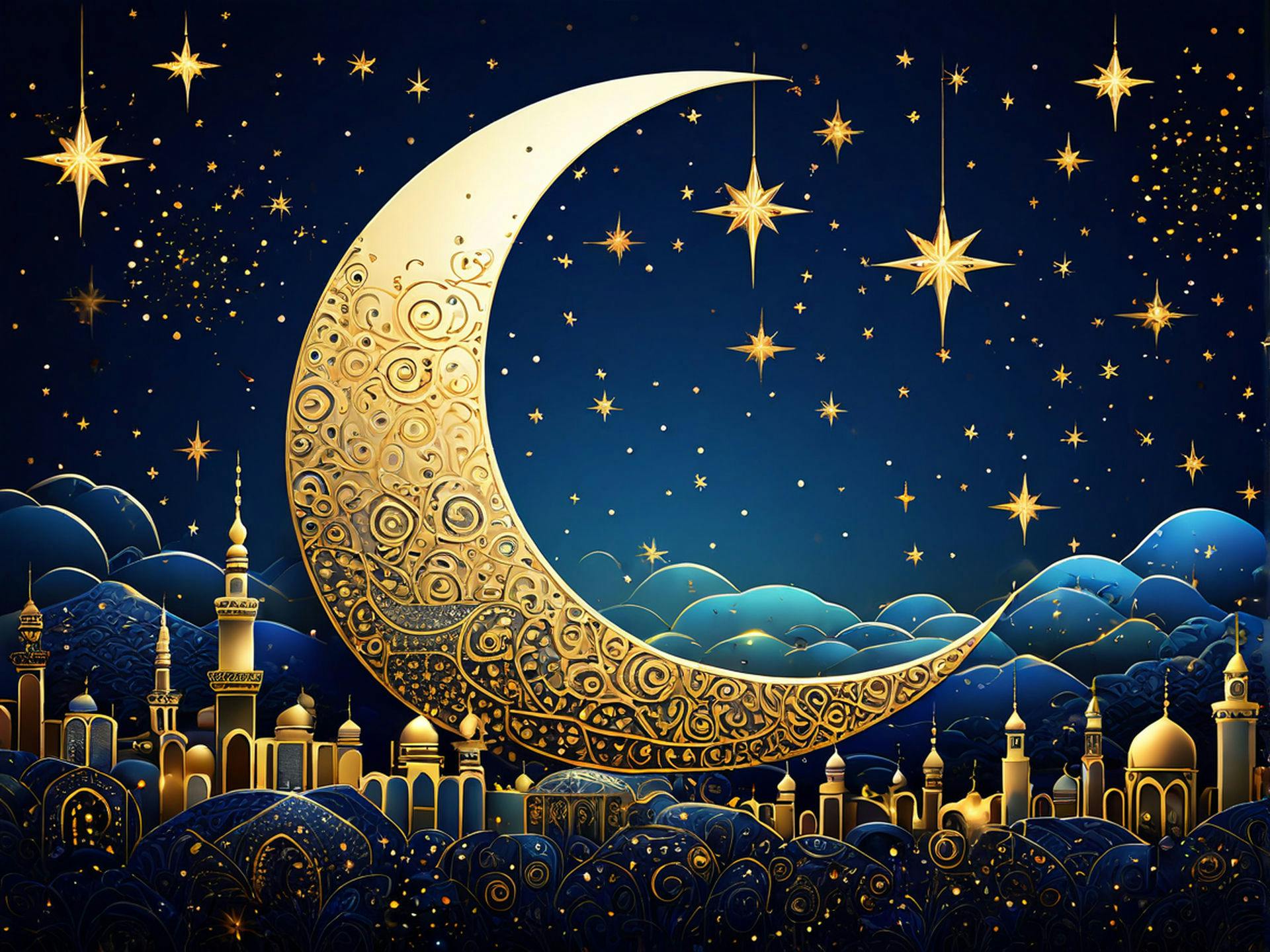 Eid al-Fitr Celebration with Crescent Moon and Starry Night