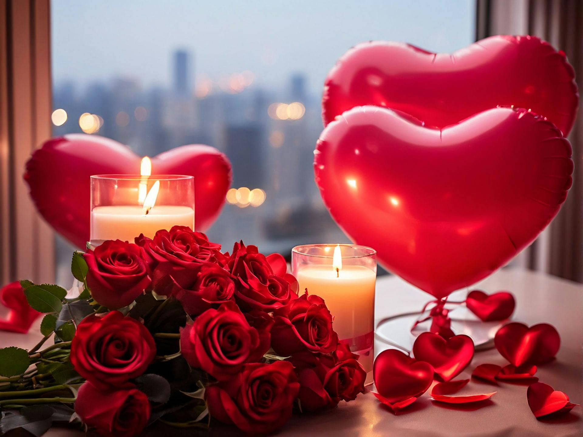Valentine's Day Romantic Setup with Roses and Heart-Shaped Balloons