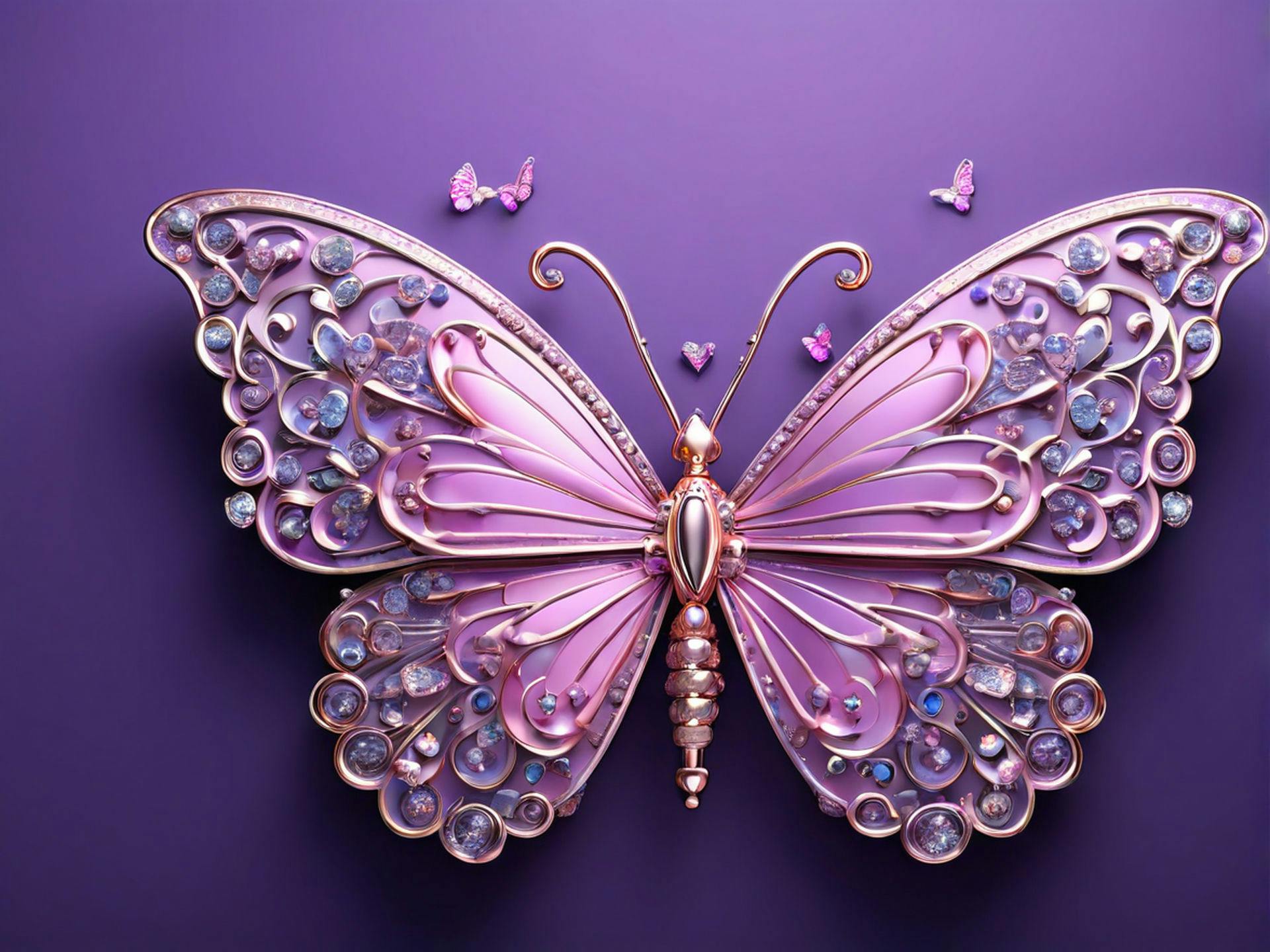 The text {Happy Birthday} in elegant pink typography with a metallic butterfly and flowers with crown on top with a beautiful diamond, small metallic pink and lavender hearts on the sides.  In purple background spring, vibrant, typography, 3d render, photo, illustration