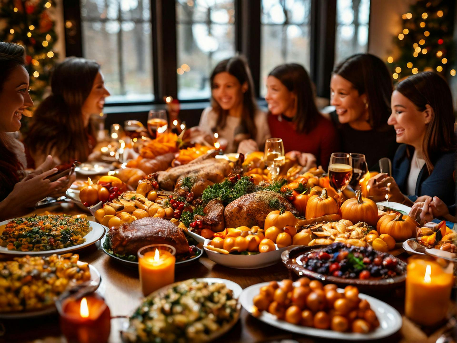 Thanksgiving Dinner Spread with Family Gathering Around the Table