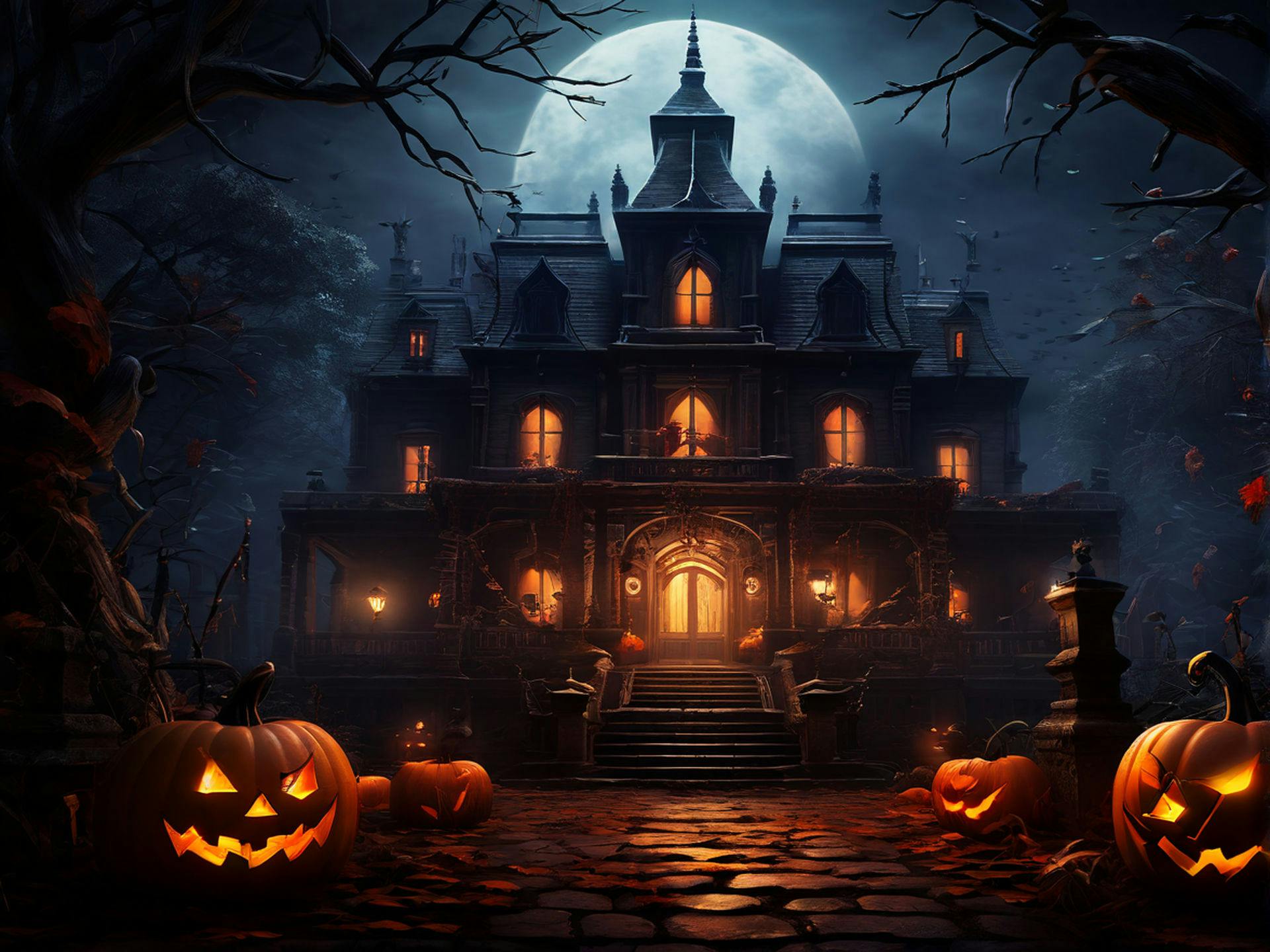 Spooky Halloween Scene with Jack-o'-Lanterns and Haunted Mansion