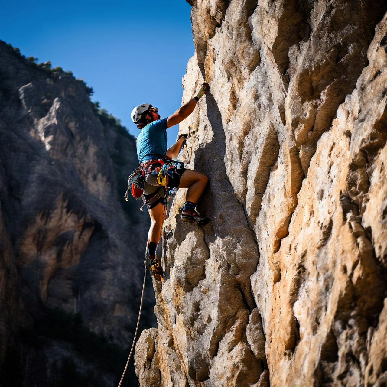 Rock Climber Scaling a Rugged Cliff Face