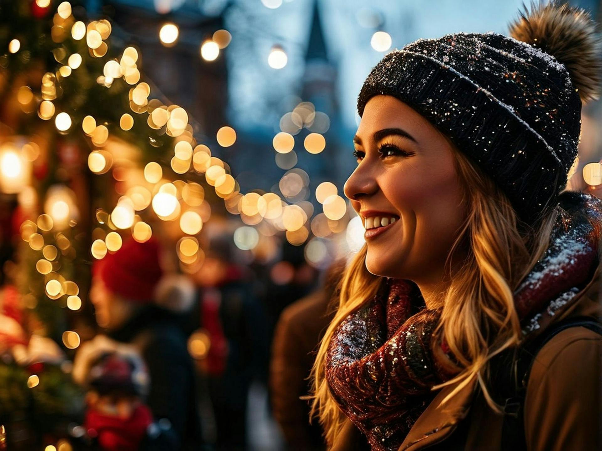 Twinkling Lights and Joyful Faces at a Bustling Christmas Market