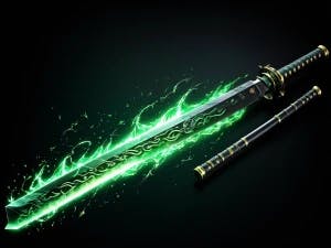 Black katana with green edge with white to green flames and green lightning coming off.