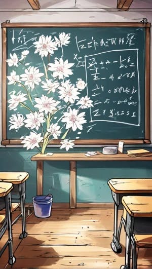empty classroom pre-school anime style drawing flower on the blackboard maths