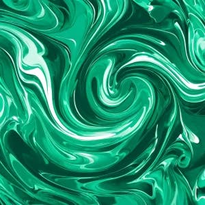 Generate a high-resolution, abstract wallpaper featuring a central swirling, fluid pattern in various shades of green. Ensure the swirl is prominent and occupies the central portion of the image, with smooth, flowing lines and gradients that create a sense of depth and motion. The design should have a 3D perspective, giving the impression of three-dimensional waves or liquid flow. Incorporate subtle highlights and shadows to enhance the 3D effect and add dimension. Include small bubbles or droplets to enhance the texture. The outer edges of the wallpaper should transition smoothly into a more solid or softly gradient green background, maintaining a cohesive and visually appealing design.