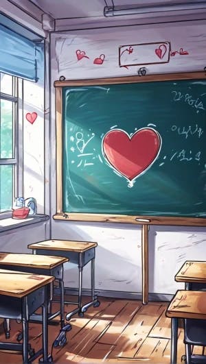 empty classroom pre-school anime style heart on the blackboard