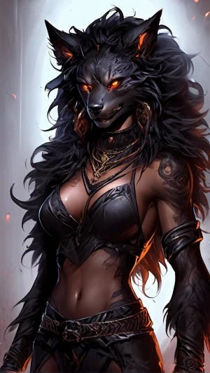 hellhound monster girl, hellhound hair, hellhound ears, dark black skin, black human face, black neck, black body, black arms, large furry hands, black legs, black scruffy fur, scruffy tail, glowing orange eyes, hound paws, physically fit, strong, spiked collar, lustful smile, primal, mature adult, goddess beauty, lustful, seductive, photogenic, posing, gothic metal armor bikini, Monster Girl art style, anime masterpiece, highly detailed, high quality digital art, masterpiece, perfect, fine details, accurate details, close up, breathtaking artwork, high quality, 8k, very detailed, high resolution, cinematic shot, 75mm, Technicolor, Panavision, cinemascope, sharp focus, HDR, film still, superb cinematic color grading, depth of field, best quality, outline, black outline, outline:1.2), masterpiece, 4k, best quality, anime art