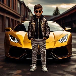 Attitude boy standing on the super car wearing Lv jacket