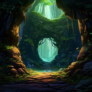 Anime style goblin cave entrance, day time in a forest
