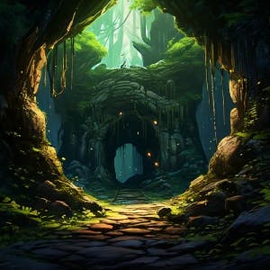 Anime style goblin cave entrance, day time in a forest