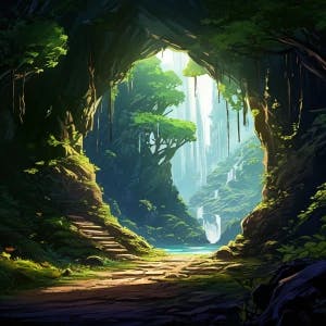 Anime style viewing a goblin cave entrance from the outside, day time in a forest
