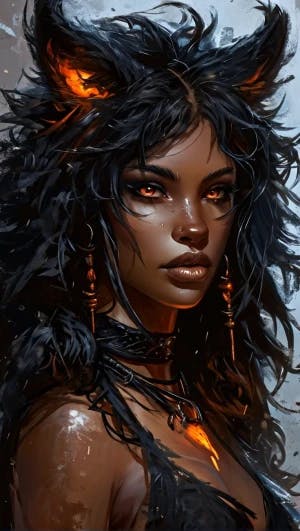 hellhound monster girl, hellhound hair, hellhound ears, dark black skin, black human face, black neck, black body, black arms, large furry hands, black legs, black scruffy fur, scruffy tail, glowing orange eyes, hound paws, physically fit, strong, spiked collar, lustful smile, primal, mature adult, goddess beauty, lustful, seductive, photogenic, posing, gothic metal armor bikini, Monster Girl art style, anime masterpiece, highly detailed, high quality digital art, masterpiece, perfect, fine details, accurate details, close up, breathtaking artwork, high quality, 8k, very detailed, high resolution, cinematic shot, 75mm, Technicolor, Panavision, cinemascope, sharp focus, HDR, film still, superb cinematic color grading, depth of field, best quality, outline, black outline, outline:1.2), masterpiece, 4k, best quality, anime art