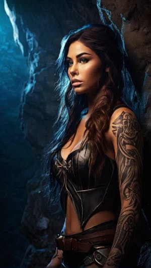beautiful fantasy woman with tattoo in the cave. she must be an archer. full body length. dark scene.