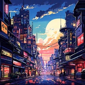 ghibli style panorama painting of a cyberpunk city
