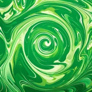 Generate a high-resolution, abstract wallpaper featuring a central swirling, fluid pattern in various shades of green. Ensure the swirl is prominent and occupies the central portion of the image, with smooth, flowing lines and gradients that create a sense of depth and motion. The design should have a 3D perspective, giving the impression of three-dimensional waves or liquid flow. Incorporate subtle highlights and shadows to enhance the 3D effect and add dimension. Include small bubbles or droplets to enhance the texture. The outer edges of the wallpaper should transition smoothly into a more solid or softly gradient green background, maintaining a cohesive and visually appealing design.