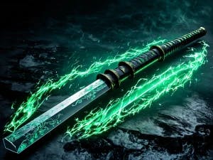 Black katana with green edge with white to green flames and green lightning coming off.